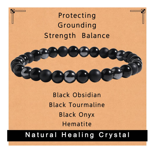 Gracayfr Black Tourmaline Bracelet Empath Protection Obsidian Onyx Triple Natural Stone Healing Crystals Spiritual Gemstone Stretch Bead Hematite