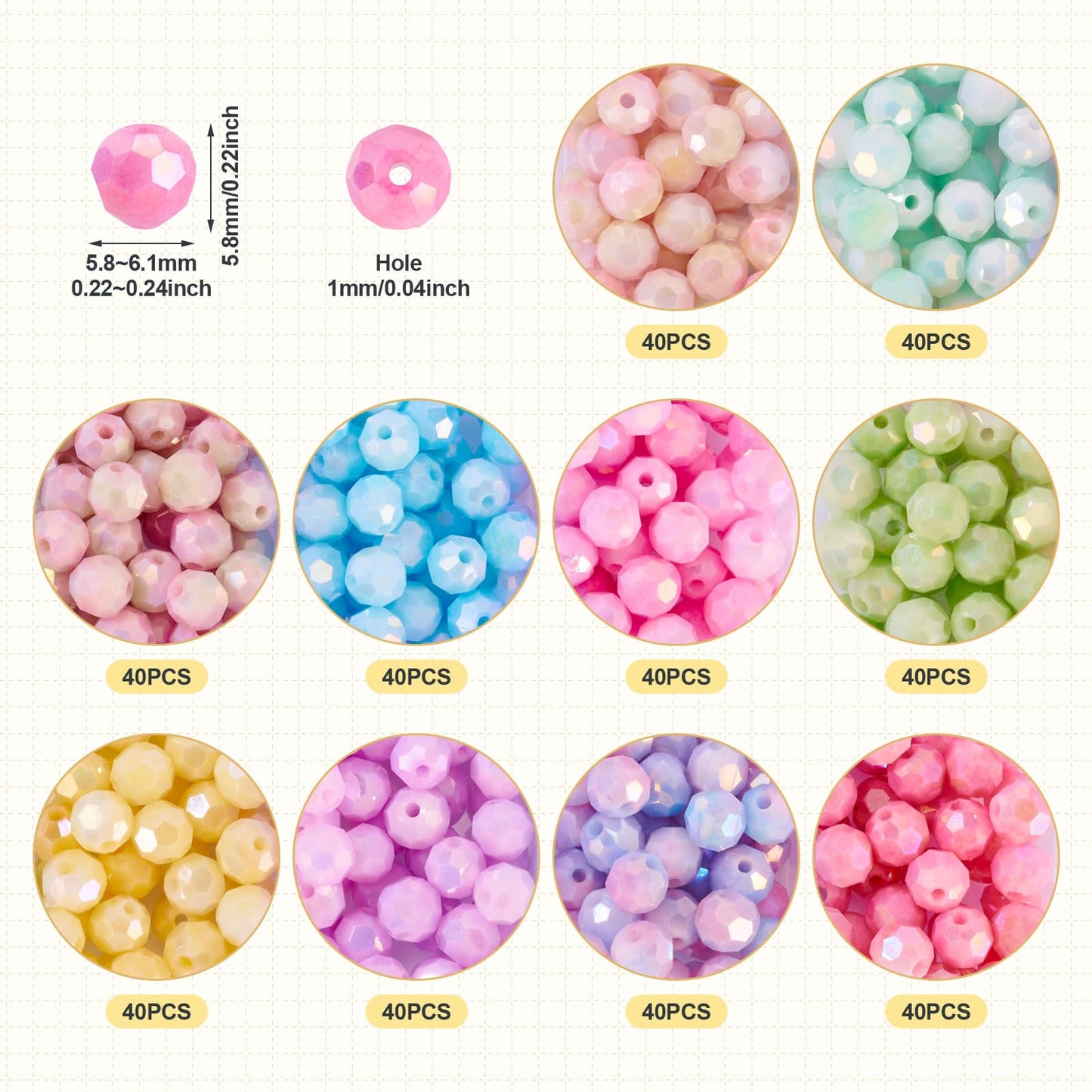 Elecrelive 400Pcs Faceted Glass Beads 10 Colors Colorful Crystal Beads 6mm Imitation Jade for Bracelet Necklace Jewelry Making
