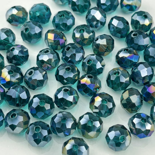 YHYPOCI 50pcs 10mm Crystal Glass Beads for Crafts Faceted Rondelle Glass Beads for Jewelry Making Crystal Spacer Beads for Necklaces Bracelets Earrings DIY Craft(Peacock Blue AB)