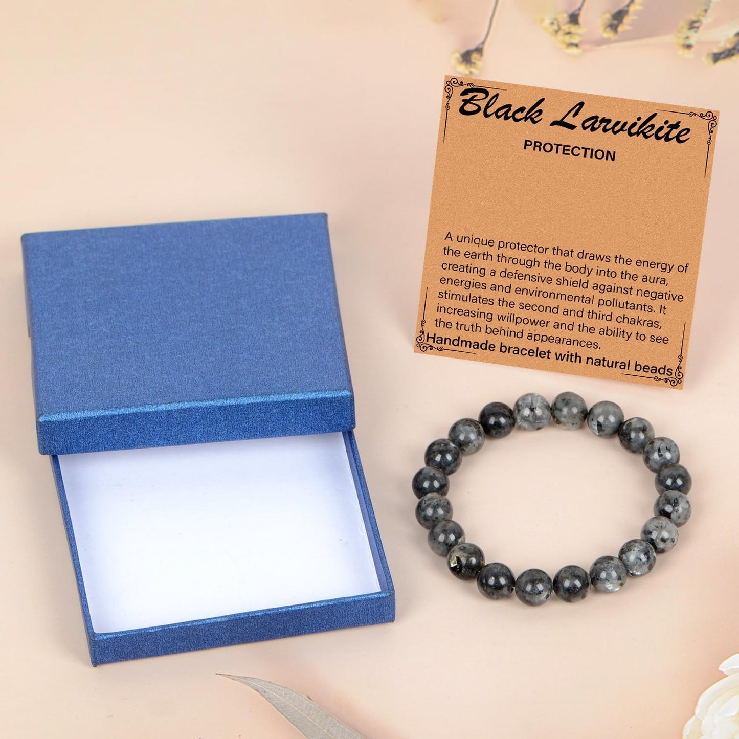 LPBeads Handmade Natural Gemstone Stretch Elastic 10mm Black Larvikite Bracelet Healing Crystal Round Stone Beads Jewelry Gifts for Women Men