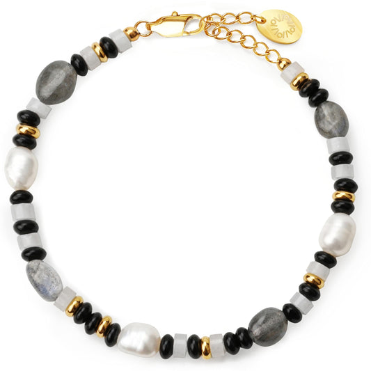 Natural Gemstone & Freshwater Pearl Bracelet for Women, 18K Gold PVD-Coated, Labradorite, Black & White Chalcedony（Medium