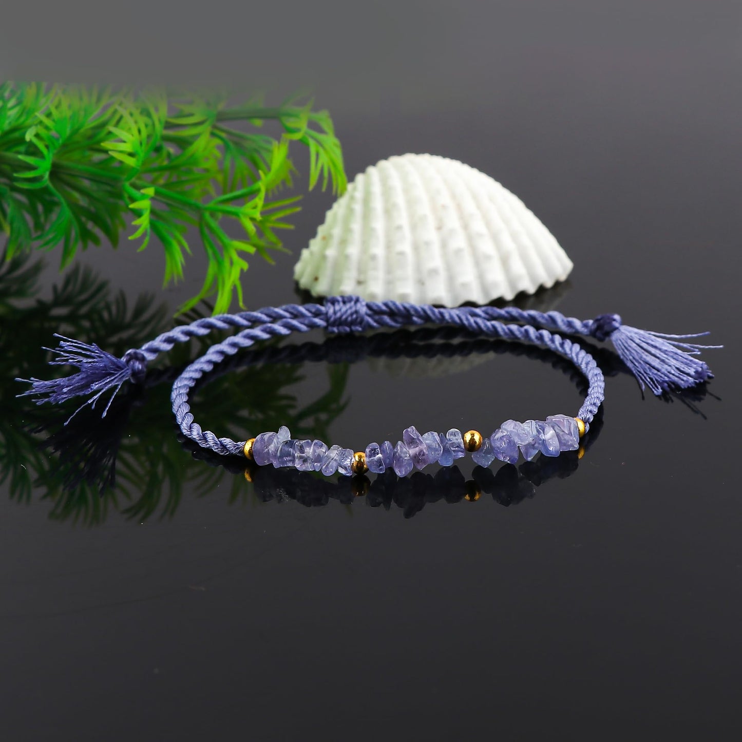 GEMSYMPHONY Tanzanite Gemstone Chips Rope Bracelet – Adjustable Handmade Crystal Chip Bead Bracelet for Women & Men, Natural Stone Healing Jewelry, Boho Style, Unisex Spiritual Gift (Tanzanite)