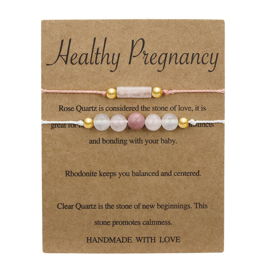IQIC Handmade Fertility & Pregnancy Bracelet with Natural Rose Quartz, Aquamarine & Moonstone, Healing Crystal Bracelet for Pregnant Women, Comes with Blessing Card for Safe Delivery & New Beginnings