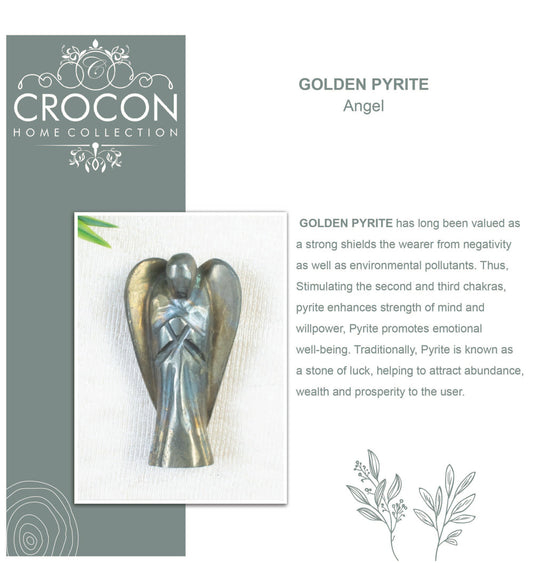 Golden Pyrite Gemstone Guardian Angel Healing Crystal, Hand Carved Pocket Angel Figurine-Crystals for Positive Energy, Handmade Mini Statue for Love, Peace & Healing, Natural Gemstone Healing Figurine