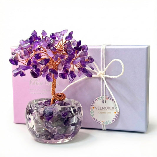 VELNORIX Amethyst Crystal Tree of Life - Natural Gemstone Feng Shui Bonsai - Healing Crystals Decor for Home Office, Meditation, Peace & Wisdom - Spiritual Gifts for Women (Purple)