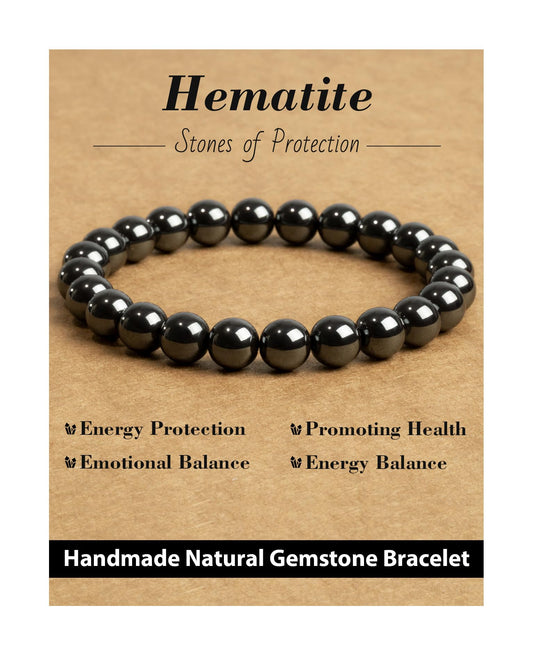 Landorilo Beaded Bracelet for Men Women, 8mm Natural Stone Hematite Healing Crystal Stretch Bracelets, Ideal Christmas Birthday Jewelry Gifts with Energy Card，Replacement Beads Included