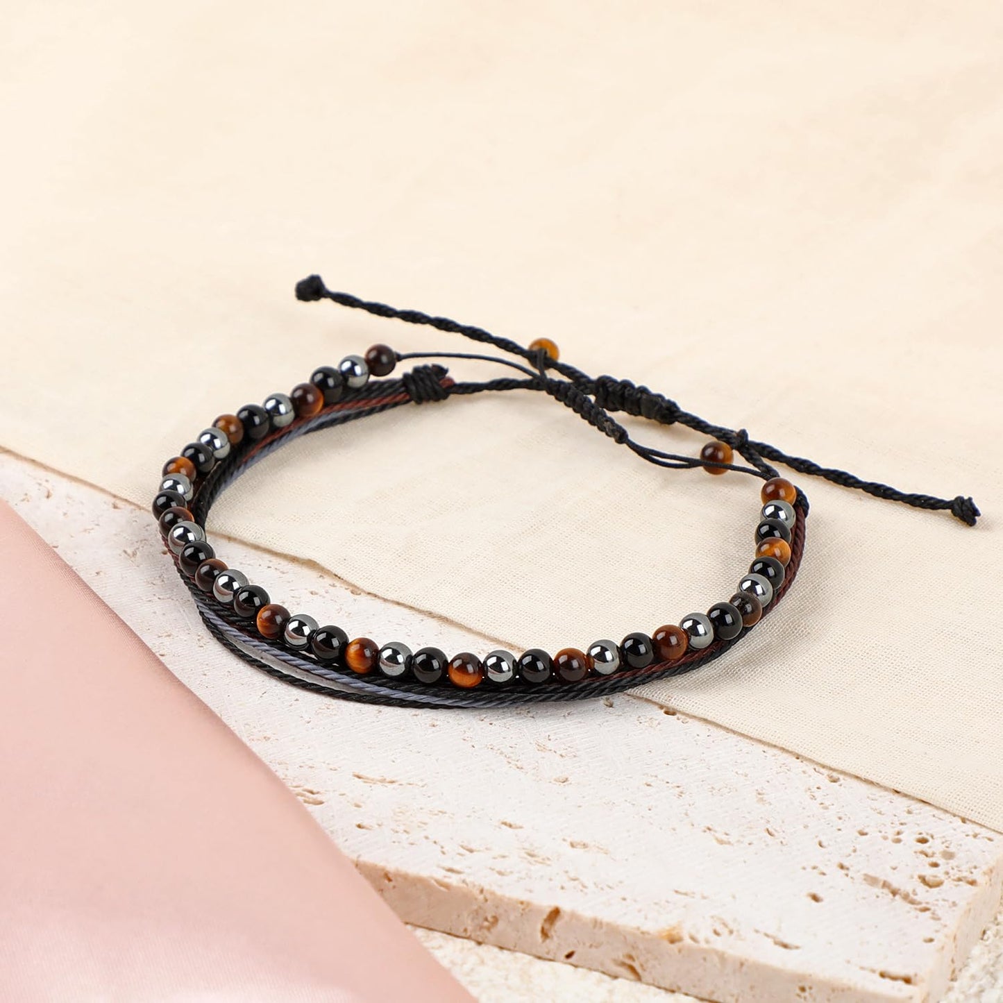 LPBeads 4mm Onyx Tiger's eye Hematite Mixed stone Bracelet with Handmade Rope Bracelet Size Adjustable Natural Stone Crystal Healing Bracelets Gifts for Unisex Adults
