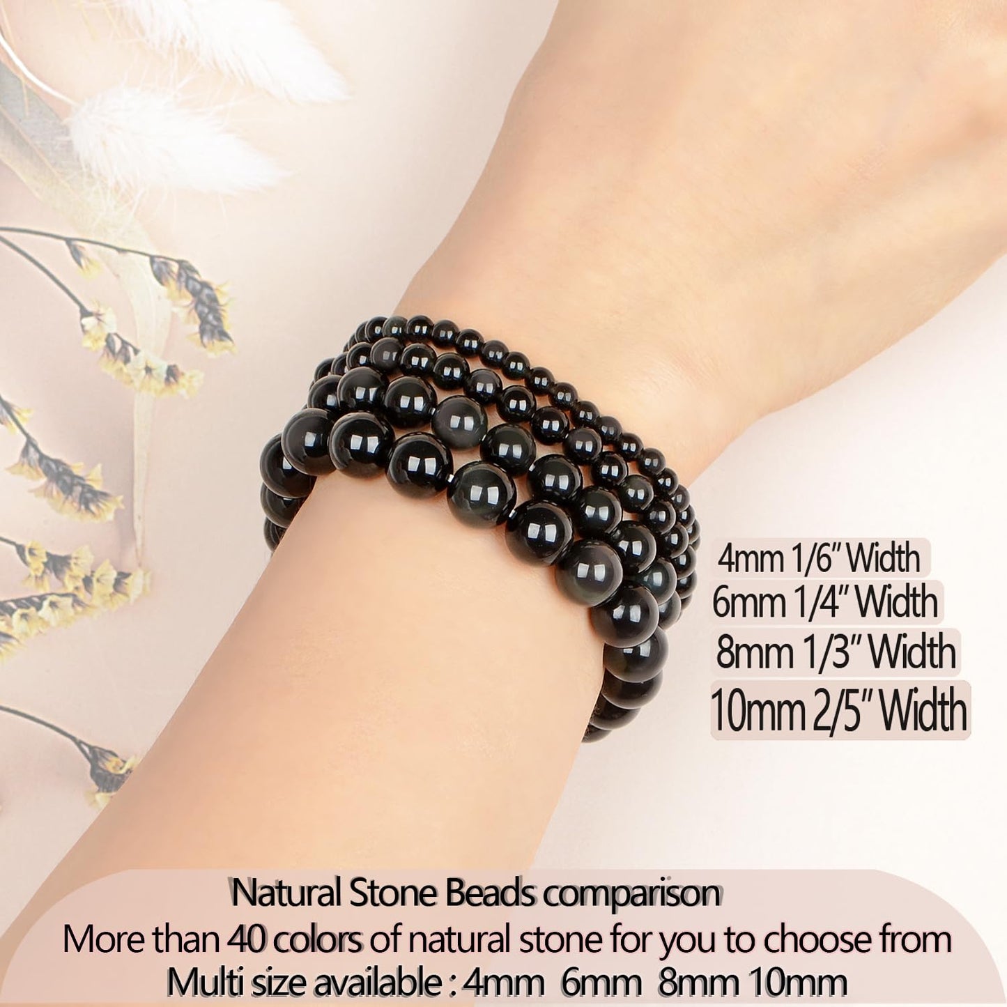 LPBeads Handmade Natural Gemstone Stretch Elastic 8m Black Obsidian Bracelet Healing Crystal Round Stone Beads Jewelry Gifts for Women Men