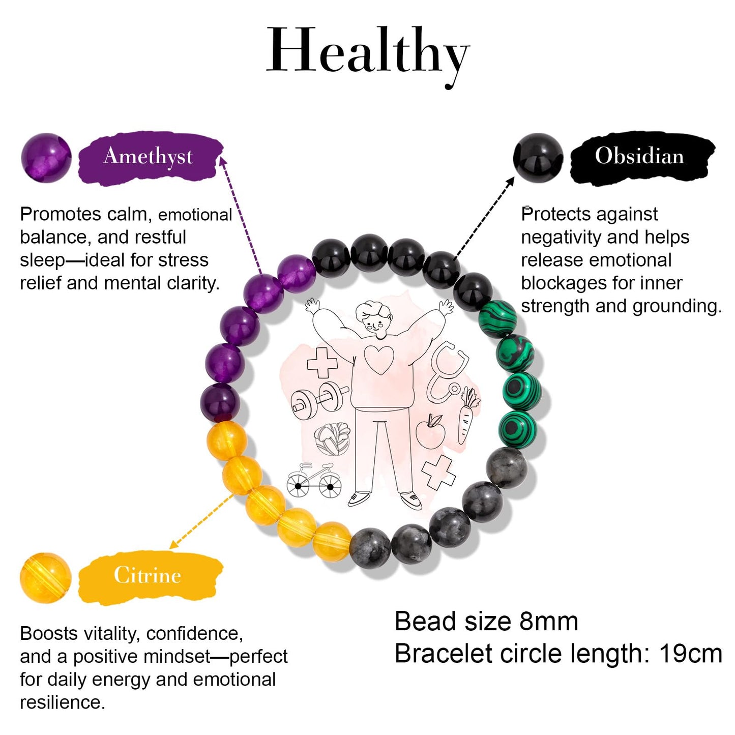 Risyfjew Natural Healing Crystal Bracelet for Women Healthy Bracelets Calming Jewelry Gifts Worry Stone Amethyst Tiger Eye Sodalite
