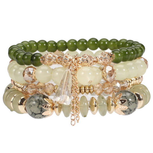 LOTSOF Bohemian Green Jade Stackable Bracelet Set - 4-Layer Stretch Beaded Bracelets with Gold Accents, Boho Jewelry for Women, Fashion Statement Accessory (Gift Ready) (Green)