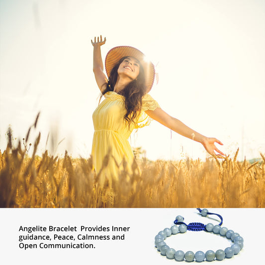 ANAYA AGATE Healing Crystal Bracelet – Chic Gemstone Bracelet for Men and Women – 8mm Round Bead Bracelets for Spiritual Healing, Protection, Positive Energy - Angelite