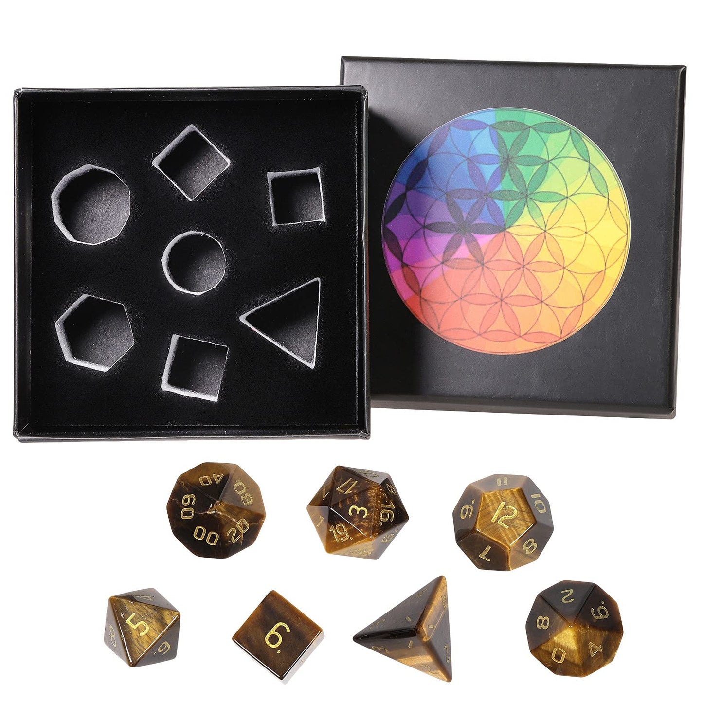 mookaitedecor 7 PCS Tiger's Eye Crystal Polyhedral DND Dice Set, Polished Tumbled Stones Dices for RPG MTG Table Games Home Decoration