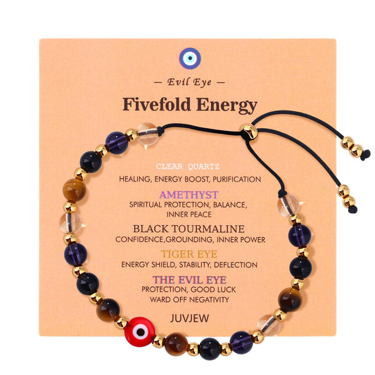 Cute Evil Eye Bracelet Red Black - Natural Crystal Protection Adjustable Spiritual Guardian Jewelry- 5 Healing Stones Clear Quartz Amethyst Black Tourmaline Tiger Eye Bracelet Adjustable (Red Eye-Black Rope)