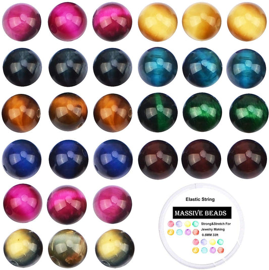 80Pcs Natural Crystal Beads Stone Gemstone Round Loose Energy Healing Beads with Free Crystal Stretch Cord for Jewelry Making (Multicolor Tiger Eye9, 10mm)