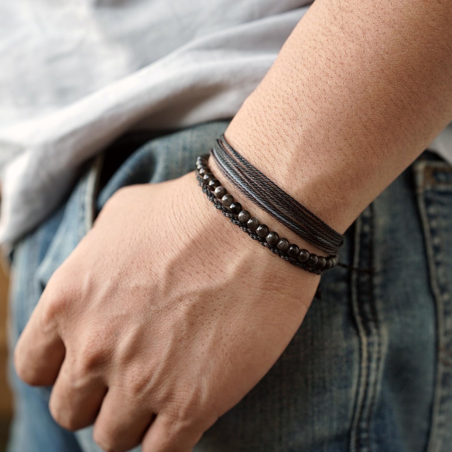 Handmade Natural Stone Beaded Healing Bracelet Gift for Men Adjustable Rope String Bracelet (Silver Sheen Obsidian, Adjustable)