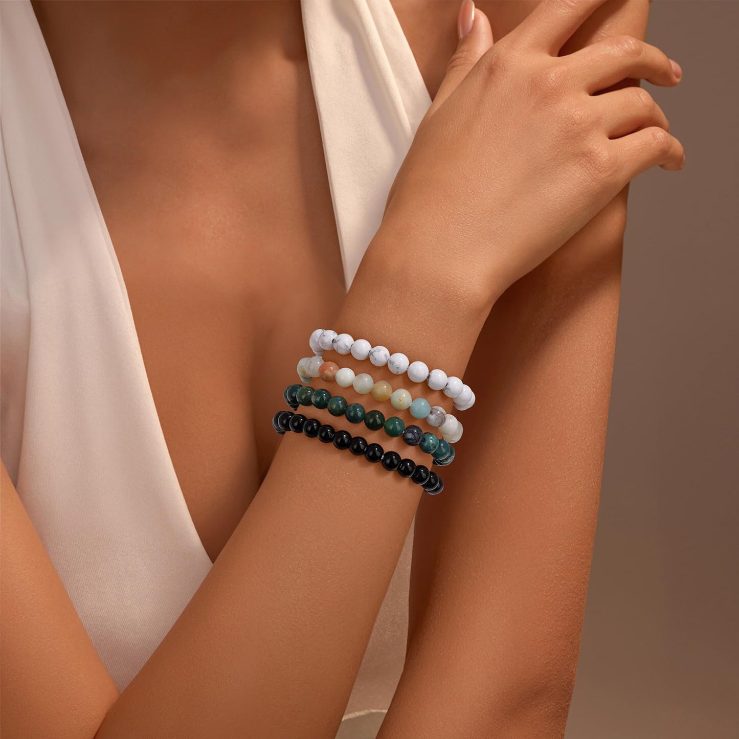 Vinswet Healing Crystal Bracelets for Women Men 6mm Howlite Natural Stone Beaded Stretch Bracelet Handmade Gemstone Reiki Spiritual Jewelry Gifts