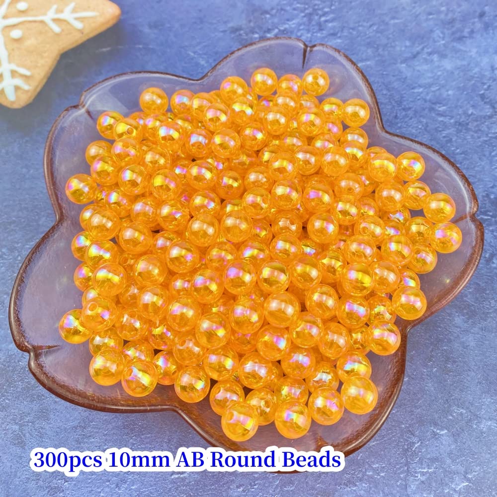 300 Pcs Acrylic Round Beads - AB Colors, 10mm Round Spacer Beads for Earring, Bracelet, Necklace, Key Chains, Jewelry DIY Craft Making (10mm, Orange AB)