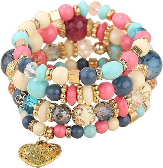 Jewellify Women's Beaded Bracelet Set - Colorful Boho Stackable Design with Crystal Accents - Trendy Fashion Bracelets Jewelry for Women, Alloy, no gem type (Mixed-Pink)