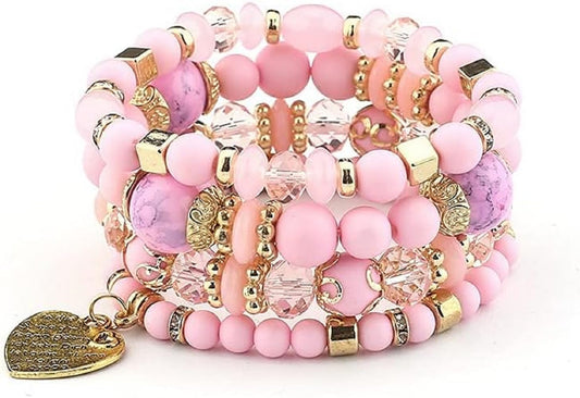 Jewellify Women's Beaded Bracelet Set - Colorful Boho Stackable Design with Crystal Accents - Trendy Fashion Bracelets Jewelry for Women (Pink)