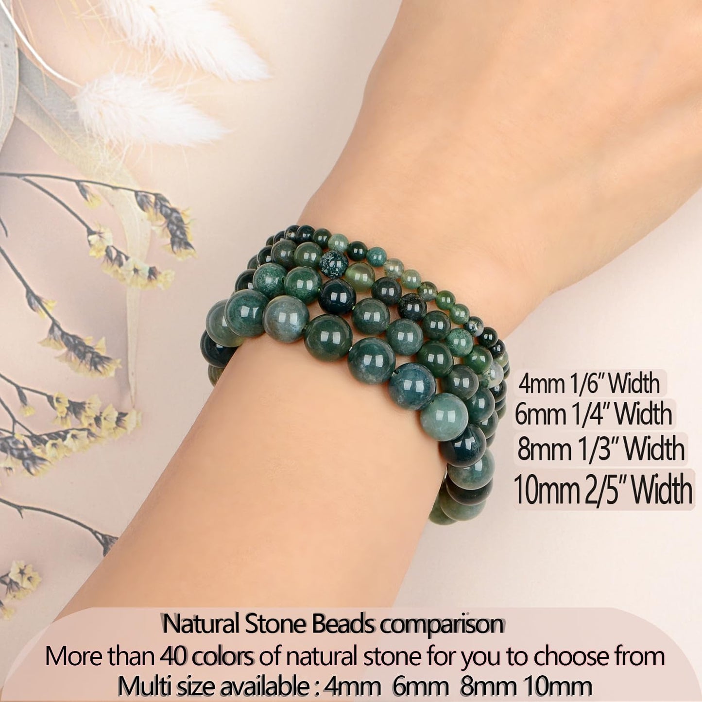 LPBeads Handmade Natural Gemstone Stretch Elastic 6mm Moss Agate Bracelet Healing Crystal Round Stone Beads Jewelry Gifts for Women Men