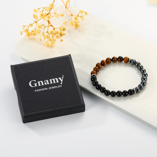 Gnamy Bracelet Gifts for Him Men Husband Boyfriend, Triple Protection Beaded Hematite Tiger Eye Black Obsidian Gemstone Bracelets Birthday Anniversary Healing Easter Valentines Christmas Jewelry Gifts