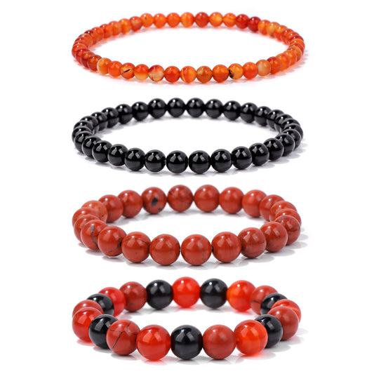 Vinswet 4pcs Natural Stone Beaded Bracelets for Women Men,Healing Crystal Gemstones Stretch Bracelet,4mm 6mm 8mm 10mm Black obsidian Red Jasper Red agate Anxiety Stress Relief Bracelet Jewelry Gifts