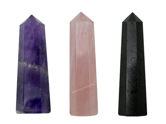 Amazing Gemstone Set of 3 Amethyst, Rose Quartz, Black Tourmaline Crystal Towers - Natural Healing Crystal Point Obelisk for Reiki Healing and Crystal Grid (2 Inch to 3 Inch)