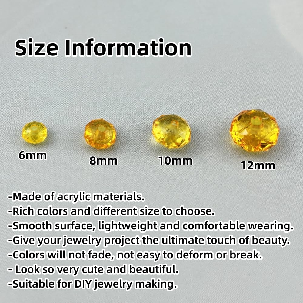 YHYPOCI 200pcs 10mm Acrylic Crystal Beads, Faceted Rondelle Acrylic Spacer Beads for Wind Chimes Bracelet Necklace Earring Keychain Jewelry Making DIY Crafts(Gold Yellow)
