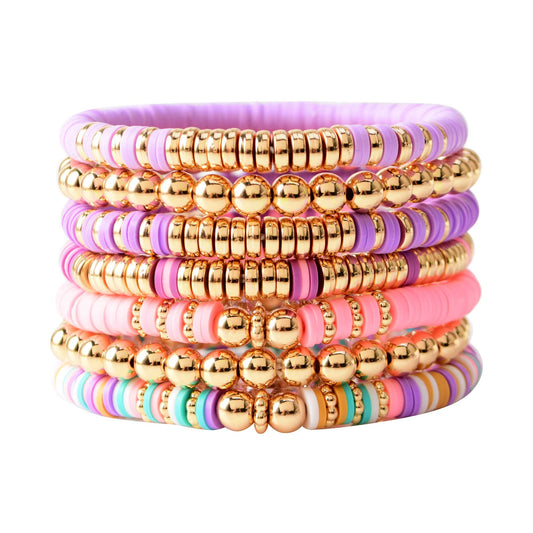GOOJIDS Surfer Heishi Clay Bead Bracelets for Women Bohemian Stackable Gold Beaded Stretch Bracelets Elastic Layering Friendship Bracelets Set Boho Jewelry (G2-Purple&Pink 7pcs)