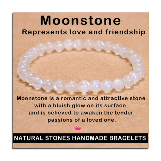 AD Beads Handmade Gemstone Stretch Elastic Bracelet Crystal Healing Reiki Nature's Beauty and Spiritual Essence Unisex (6mm, Moonstone (Love and Friendship))