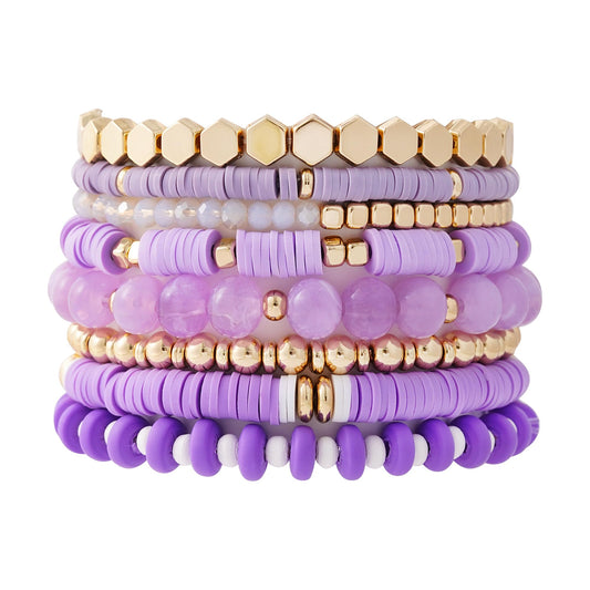 GOOJIDS Purple Surfer Heishi Clay Bead Bracelets for Women Bohemian Stackable Gold Plated Beaded Stretch Bracelets Elastic Layering Friendship Bracelets Set Boho Jewelry