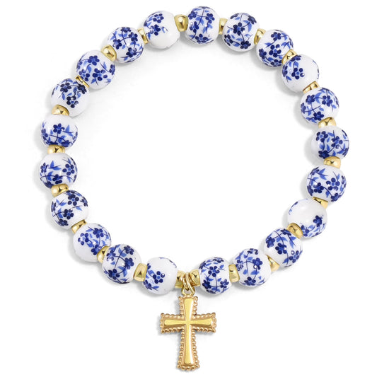 VIBILIA Cross Bracelets for Women, Cross Charm Vintage Jewelry, Flower Beaded Bracelet, Gold Handmade Stretch Jesus Baptism Romantic Christian Birthday Gifts for Women on Easter Mother's Day, Blue