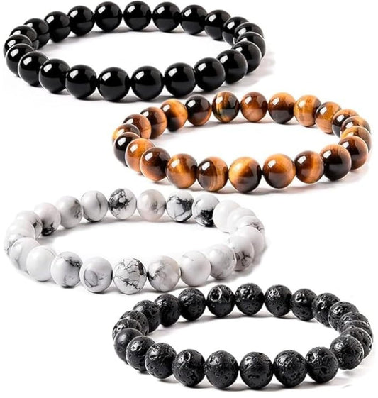 WFJ Beaded Bracelet Set of 4: White Magnesit, Tigers Eye Stone, Black Agate Lava Stone Bracelets Women Energy Protection Chakra Balance Triple Hand Beads