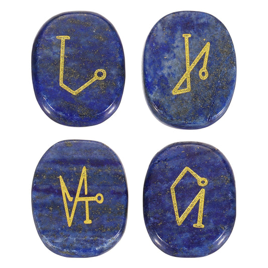 MECCANIXITY 4Pcs Engraved Chakra Stones with Reiki Symbols, Lapis Reiki Healing Crystal Gemstone 7 Chakra Crystal Stones Tumbled Palm Stone for Anxiety Relieve