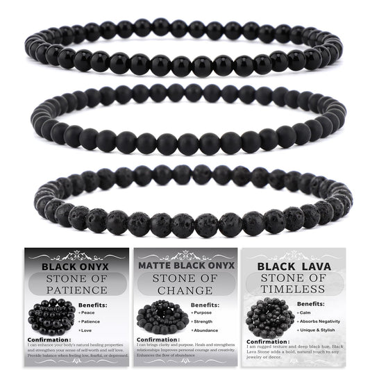 CMBYN 3-Pieces 4mm Natural Crystal Gemstone – ﻿Black Lava, Black Onyx, Matte Black Agate Handmade Reiki Energy Healing Stretch Bracelets Jewelry for Yoga, Meditation, Unisex