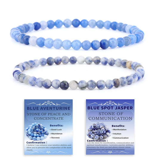 NCB 2-Piece 4mm Natural Crystal Gemstone Stretch Bracelets – ﻿Blue Aventurine, Blue Spot Handmade Reiki Energy Healing Jewelry for Meditation,Yoga, Unisex