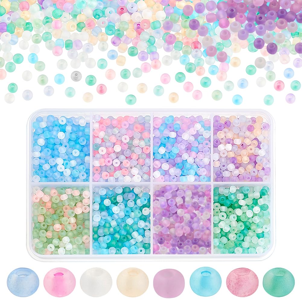 PH PandaHall 2104pcs 8 Candy Colors Seed Beads 3mm Frosted Glass Transparent Round Bead Mini Spacer Beads Kit Waist Bead for Earring Bracelet Necklace Key Chain Crafts Jewelry Making
