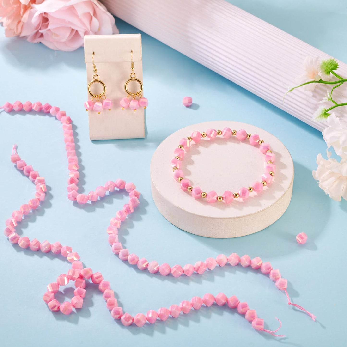 Elecrelive 100Pcs Pink Faceted Glass Beads Twist Crystal Beads Two Tone Imitation Jade Gems for Bracelet Necklace Jewelry Making