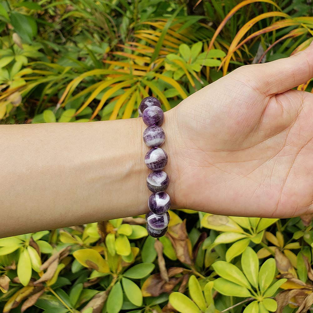 chengmu 12mm Banded Amethyst Stretch Bracelet Natural Round Beads Semi Gemstone for Crystal Elastic Beaded Bracelet 8"