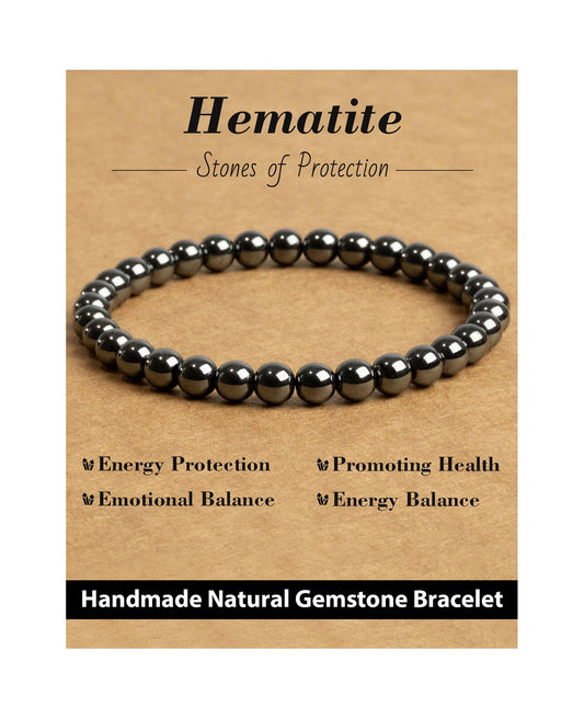 Landorilo Beaded Bracelet for Men Women, 6mm Natural Stone Hematite Healing Crystal Stretch Bracelets, Ideal Christmas Birthday Jewelry Gifts with Energy Card，Replacement Beads Included