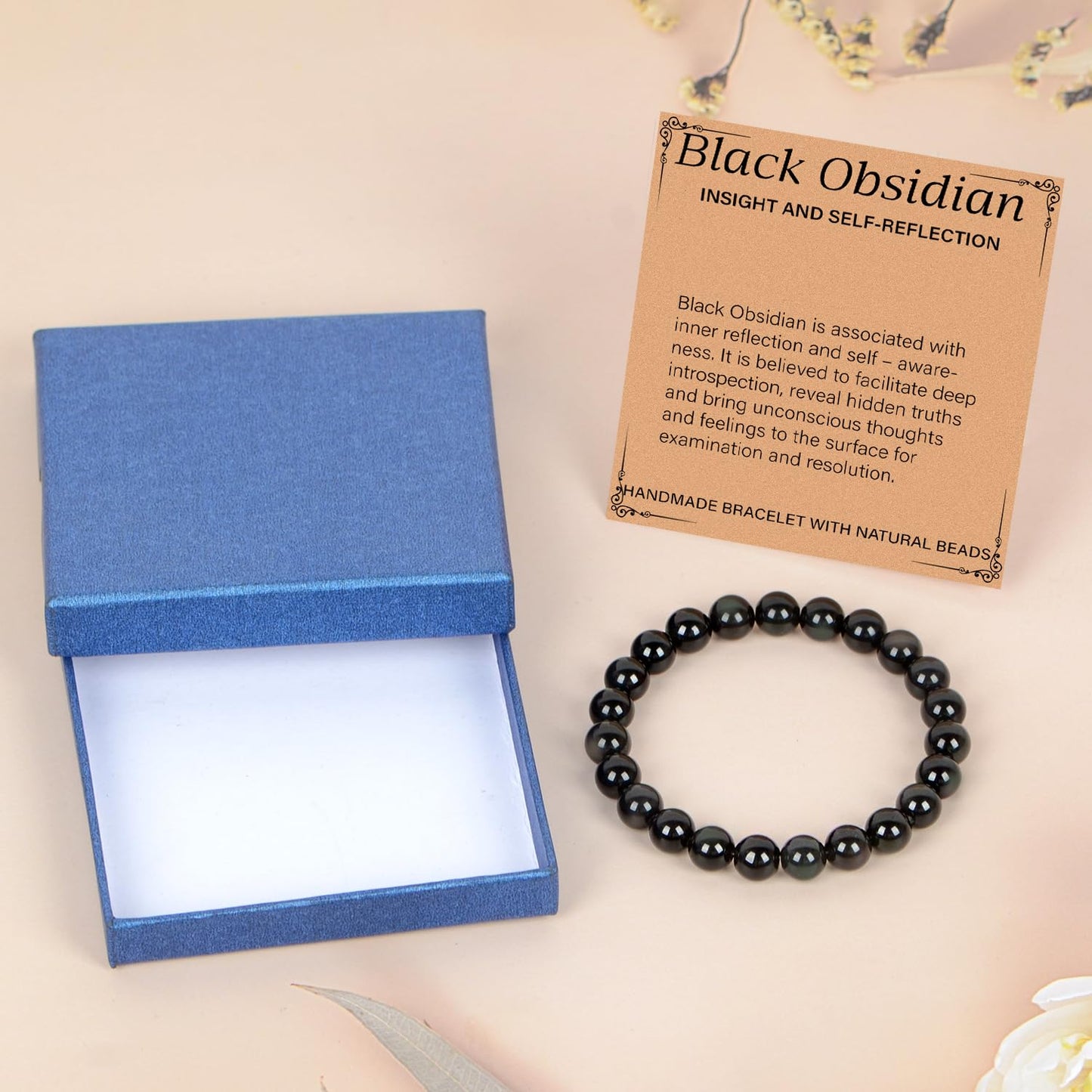 LPBeads Handmade Natural Gemstone Stretch Elastic 8m Black Obsidian Bracelet Healing Crystal Round Stone Beads Jewelry Gifts for Women Men