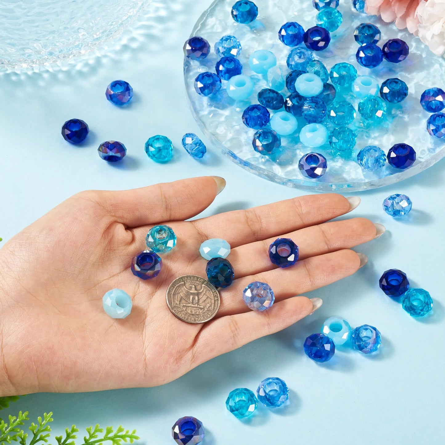 Craftdady 60Pcs Blue Color Theme European Beads Large Hole Faceted Glass Bead Blue Rondelle Bead Crystal Loose Spacer Beads for Jewelry Making DIY Pens Snake Chain Charm,12 Colors