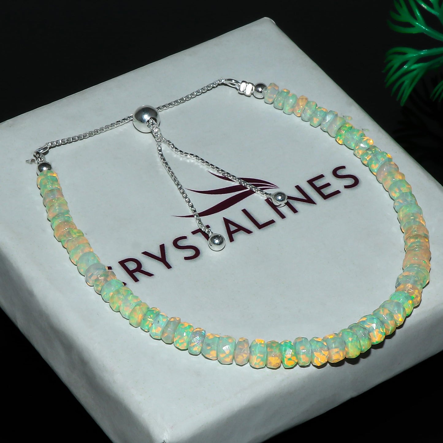CRYSTALINES Natural Ethiopian Opal Gemstone Bolo Bracelet, Faceted Beads Stones, Handmade Boho Jewelry for Women, Healing Crystals, Silver Chain 6+4inch, October Birthstone, Trendy Gift