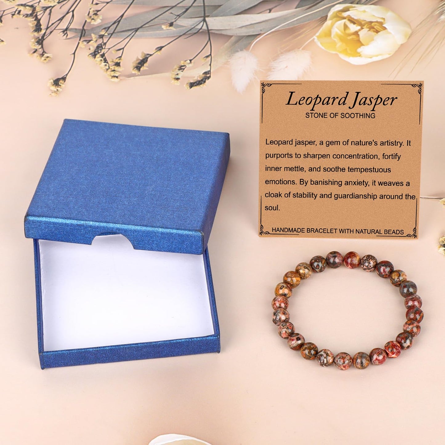 LPBeads Handmade Natural Gemstone Stretch Elastic 8mm Leopard Jasper Bracelet Healing Crystal Round Stone Beads Jewelry Gifts for Women Men