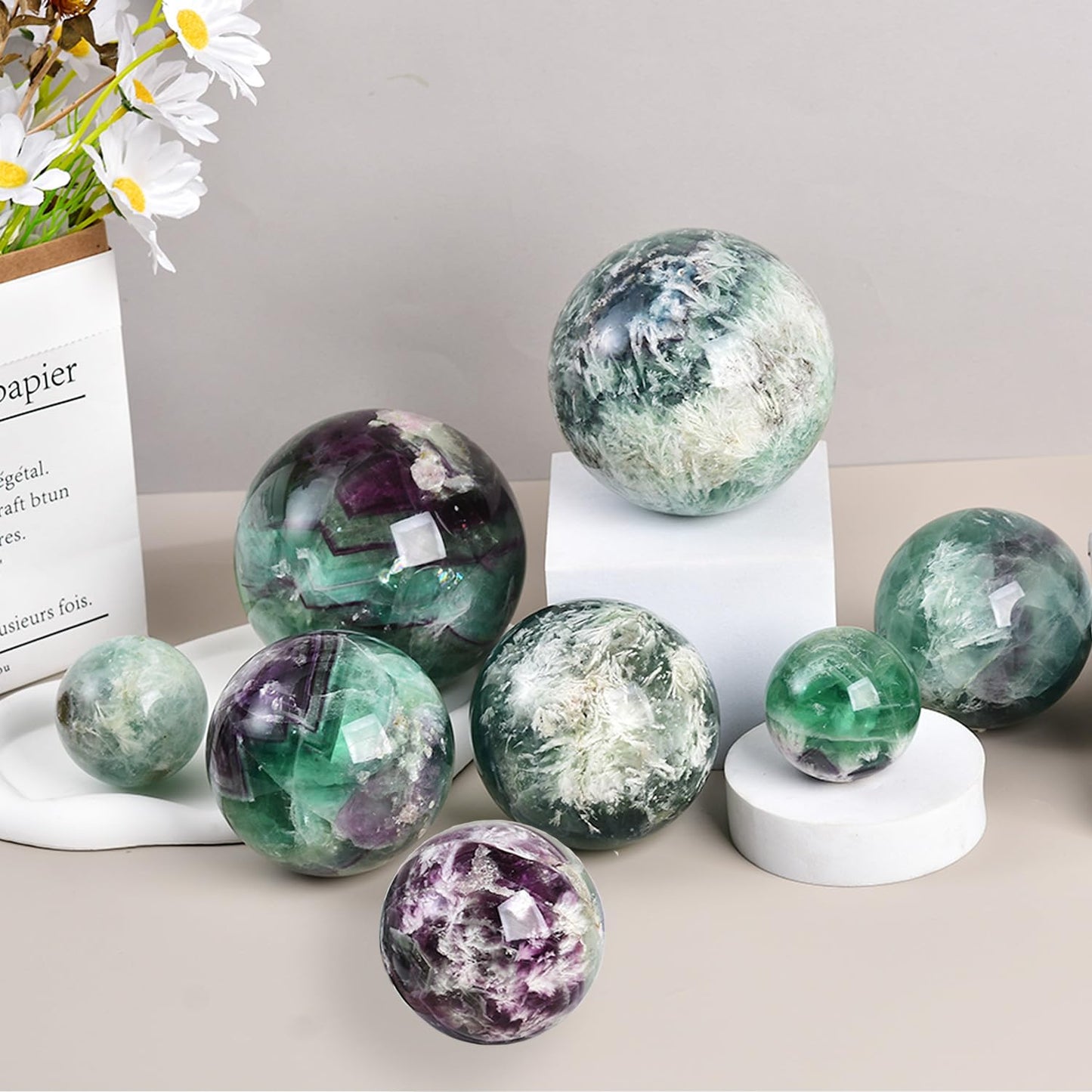 JIC Gem Large Crystal Ball Feather Fluorite Healing Crystals Sphere with Wooden Stand Meditation Home Decor 4 inch (100mm)