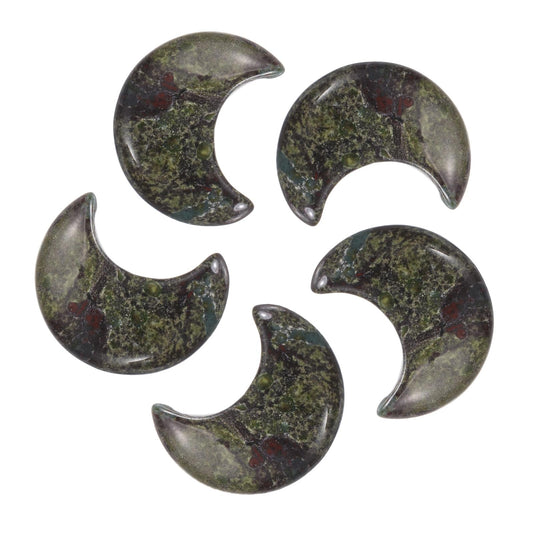 MECCANIXITY 5 Pcs Moon Crystal Worry Stone, 1.2 Inch Length Natural Bloodstone Jasper Moon Gemstone Bulk, Carved Pocket Stones for Meditation Balancing Pendant Decor