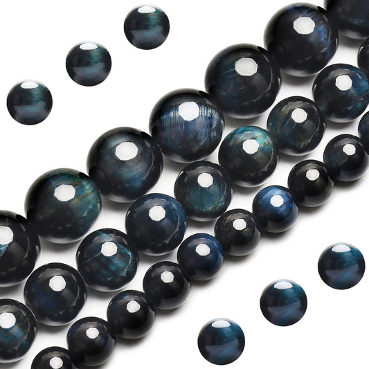 Natural Blue Black Tiger Eye Beads, Grade AAA Gemstone Round Loose Beads 10MM 40PCs Bulk Lot Options, Semi Precious Stone Beads for Jewelry Making
