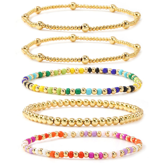 Bohxantium Gold Beaded Bracelets Set for Women Stackable 14K Gold Plated Beads Ball Colorful Seed Bracelets for Women Stack Non Tarnish Stretch Trendy Jewelry Prom Friendship Birthday Christmas Gifts