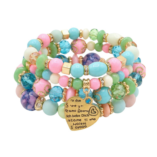 Ysenchan Bohemian Bracelet Set for Women, 4 Pcs Beaded Stackable Bracelets with Heart Charm, Stretch Bracelets, Boho Jewelry Gift – [LightMix]
