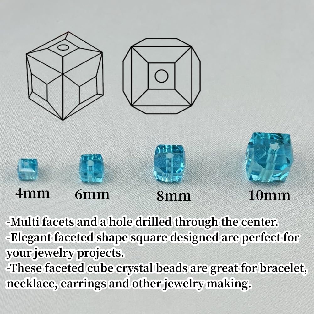 YUEXIGO 100pcs 8mm Cube Crystal Glass Beads for Jewelry Making Faceted Square Crystal Glass Bead Spacer Beads Loose Beads for Bracelet Earring Necklace DIY Craft(Lake Blue)